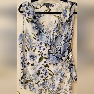 INC International Concepts White Floral & Blue Snake-Print Wrap Blouse